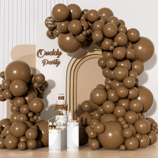 Ouddy Party 129Pcs brown balloon arch kit arranged for a stylish event backdrop.