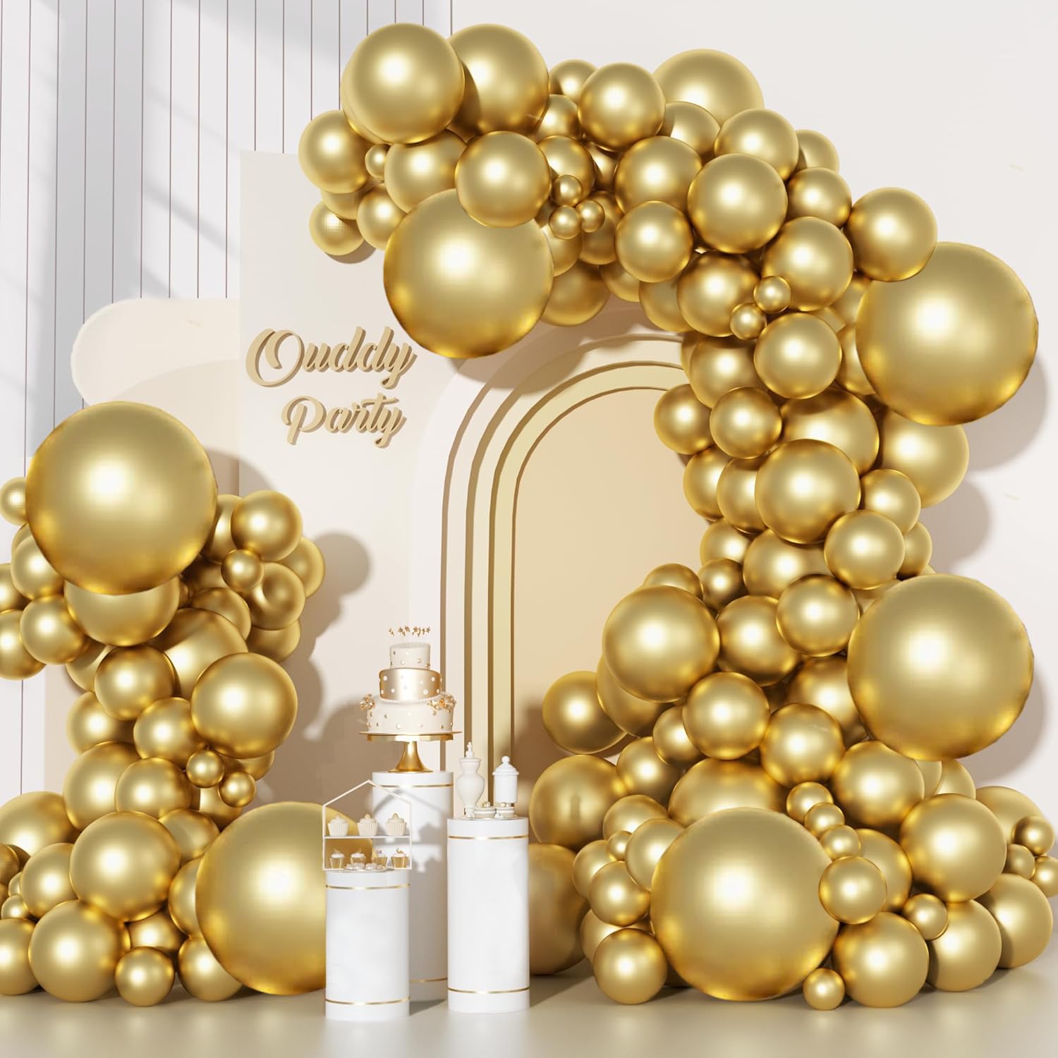 Ouddy Party 129pcs gold balloons kit for festive arch decorations indoors.