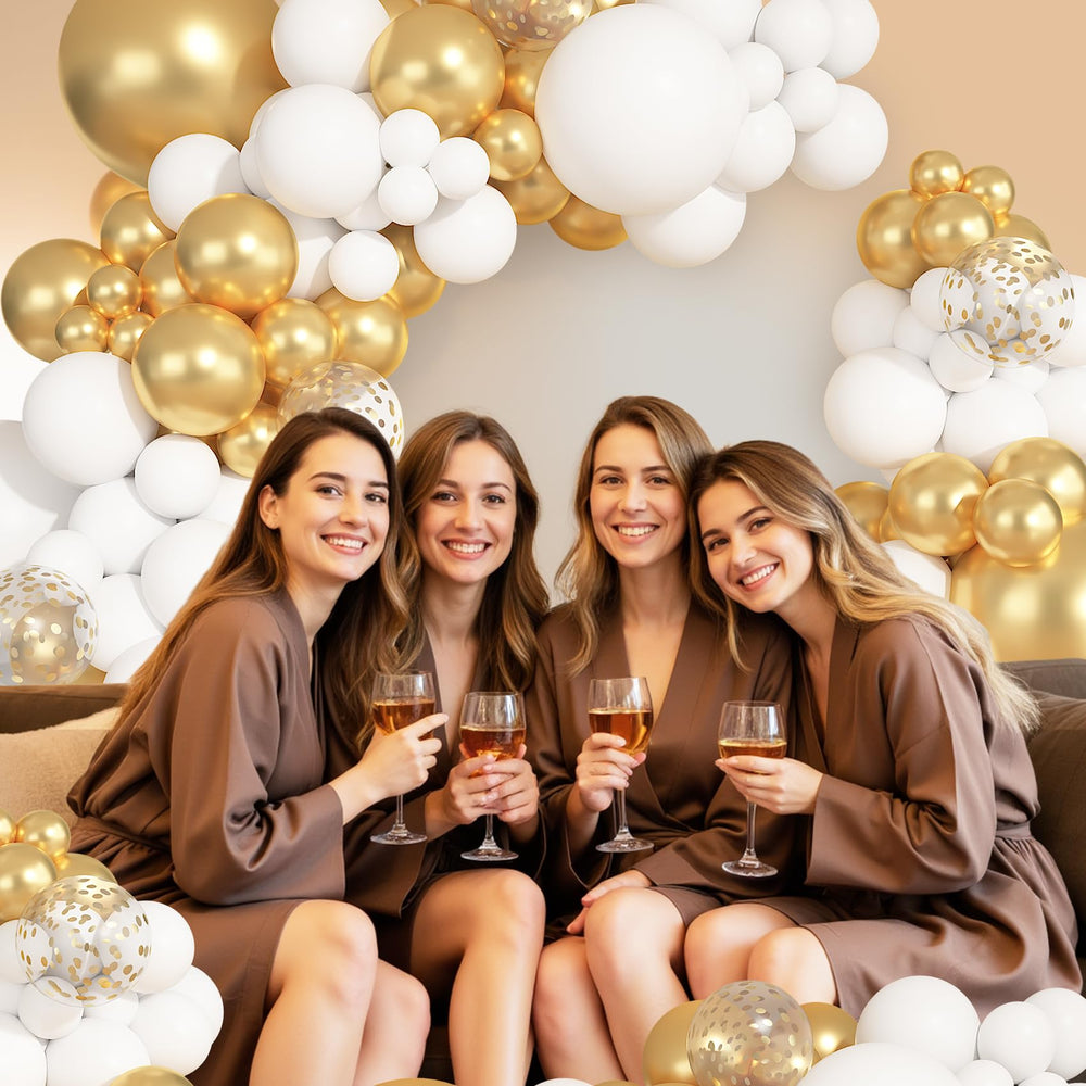Ouddy Party 12in gold balloon creates shimmering focal points.