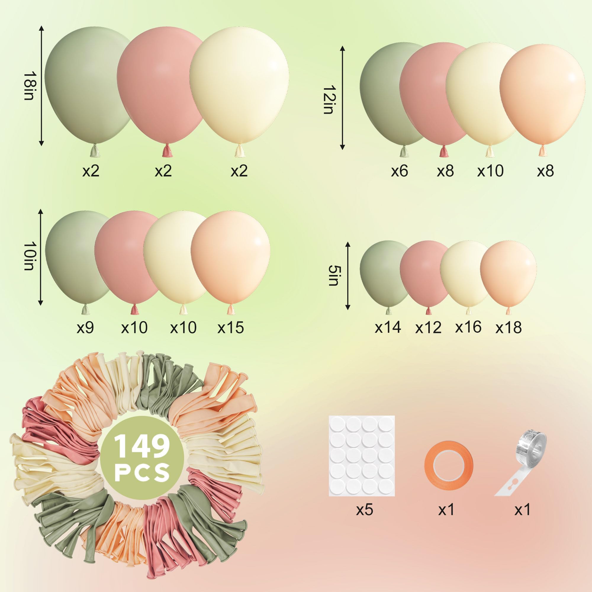 Ouddy Party 12in pastel balloons in green, ivory, pink, and peach for soft clusters