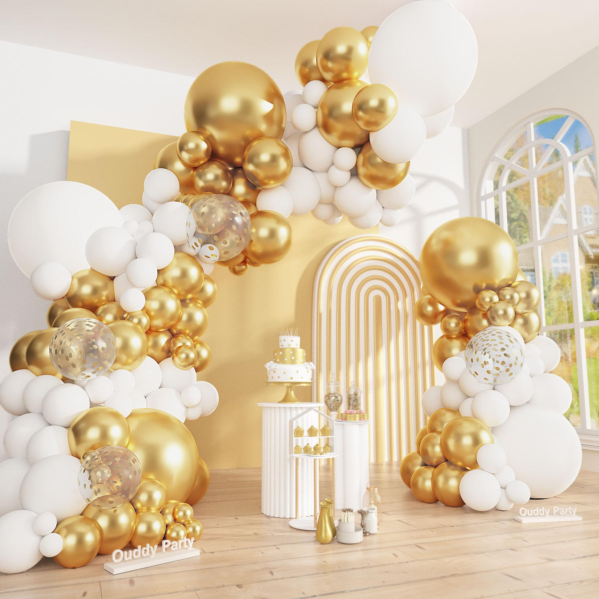 Ouddy Party 149pcs balloon arch kit assembled for elegant white and gold décor.