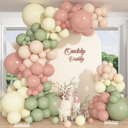 Ouddy Party 18in balloons in green, ivory, and dusty pink for bold decor