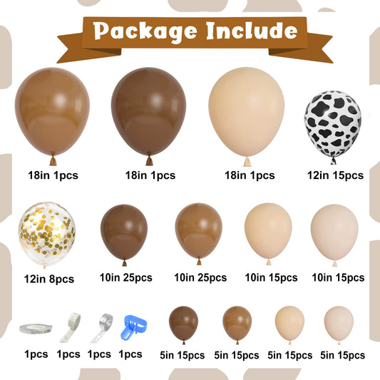 Ouddy Party 18-inch matte balloons in brown and cocoa add depth to the arch.
