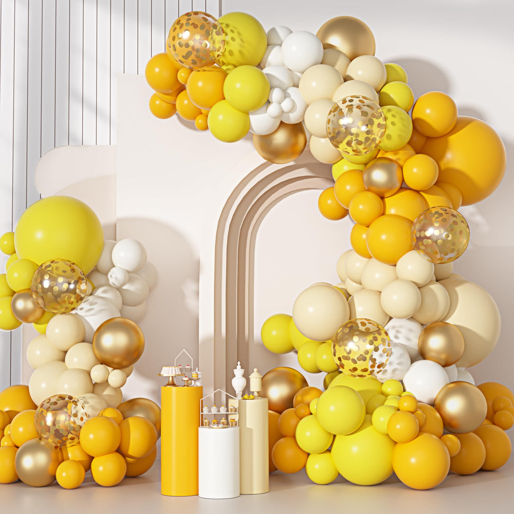Ouddy Party arch kit with 18-inch balloons forms a sunflowers backdrop for photos