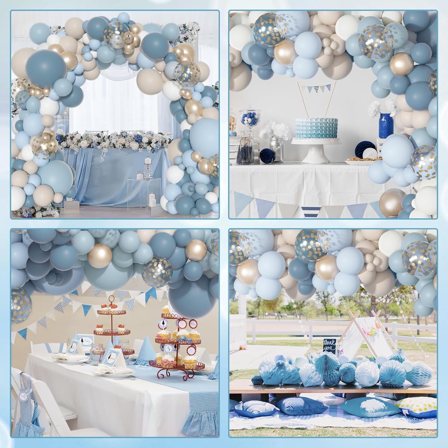 Ouddy Party baby shower setup in dusty blue tones with white accents