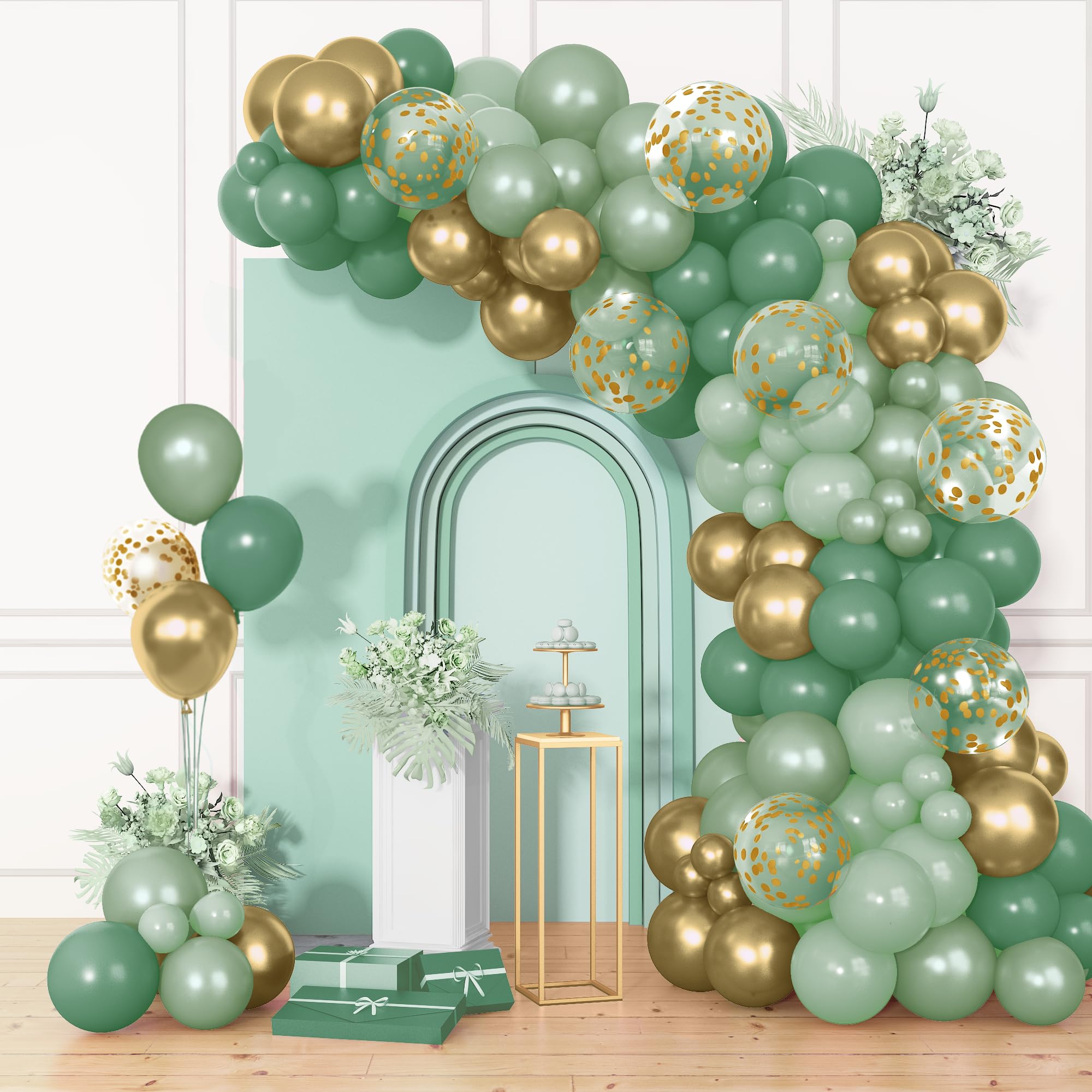 Ouddy Party sage green balloon garland ideas for arches and backdrops