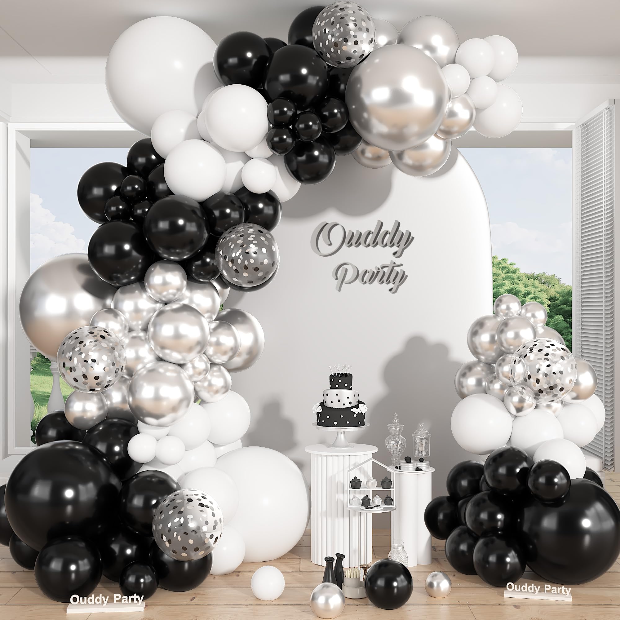 Ouddy Party 12inch black white silver confetti balloons ideal for eye-catching garlands