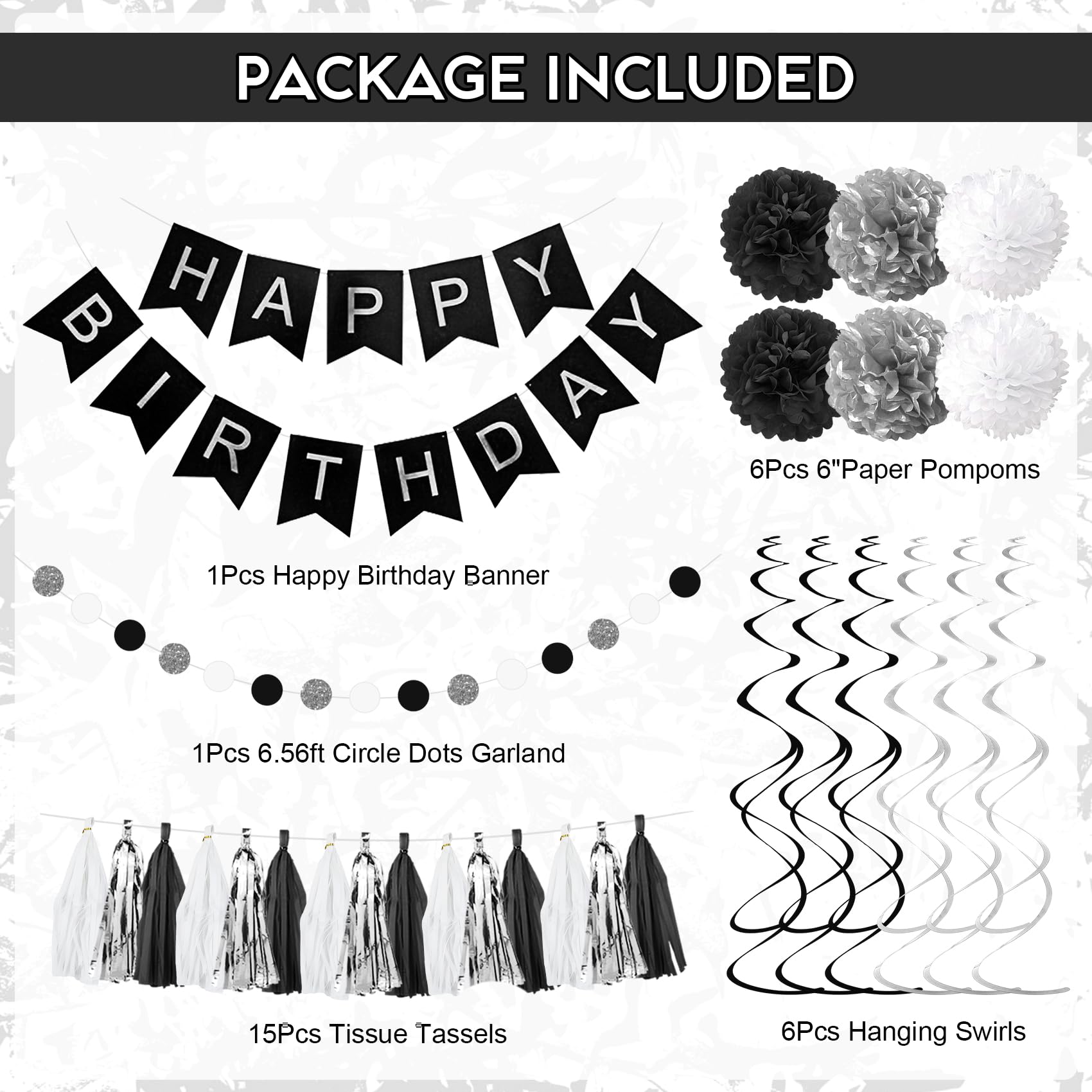 Ouddy Party black and silver banner highlights birthday wishes with bold contrast.