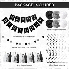 Ouddy Party black and silver banner highlights birthday wishes with bold contrast.