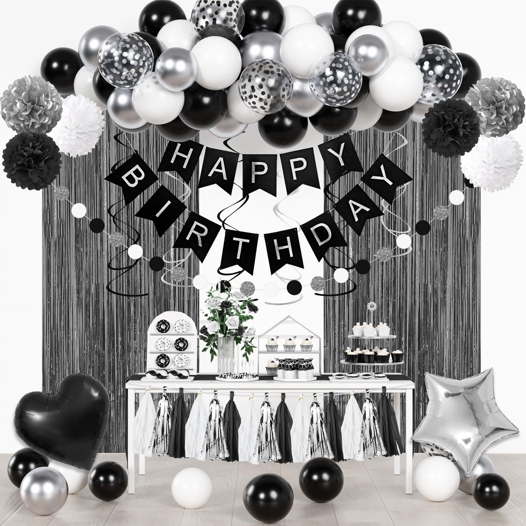 Ouddy Party black and white confetti balloons create a chic birthday focal point.