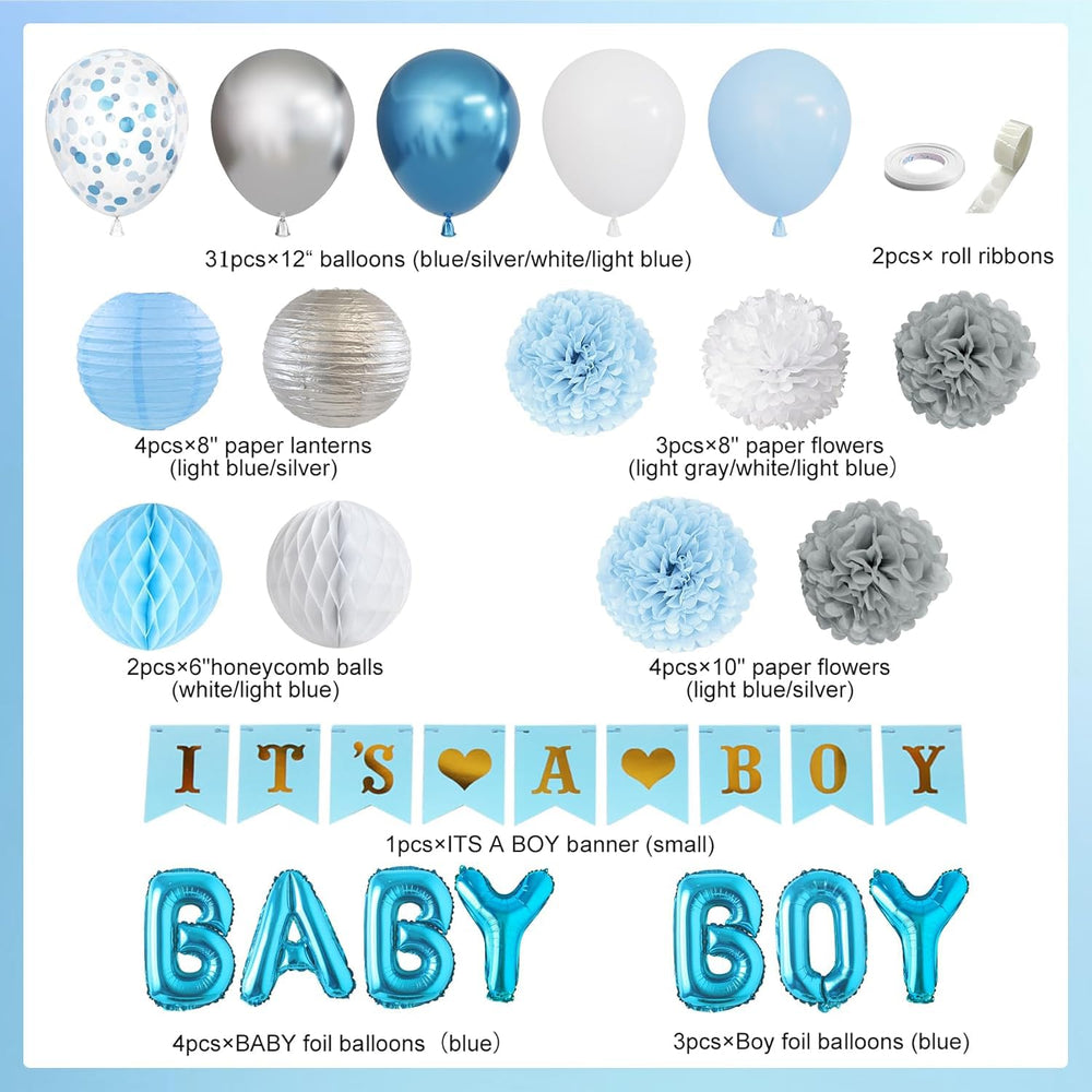 Ouddy Party blue-gray-silver balloons add festive accents for gender reveal