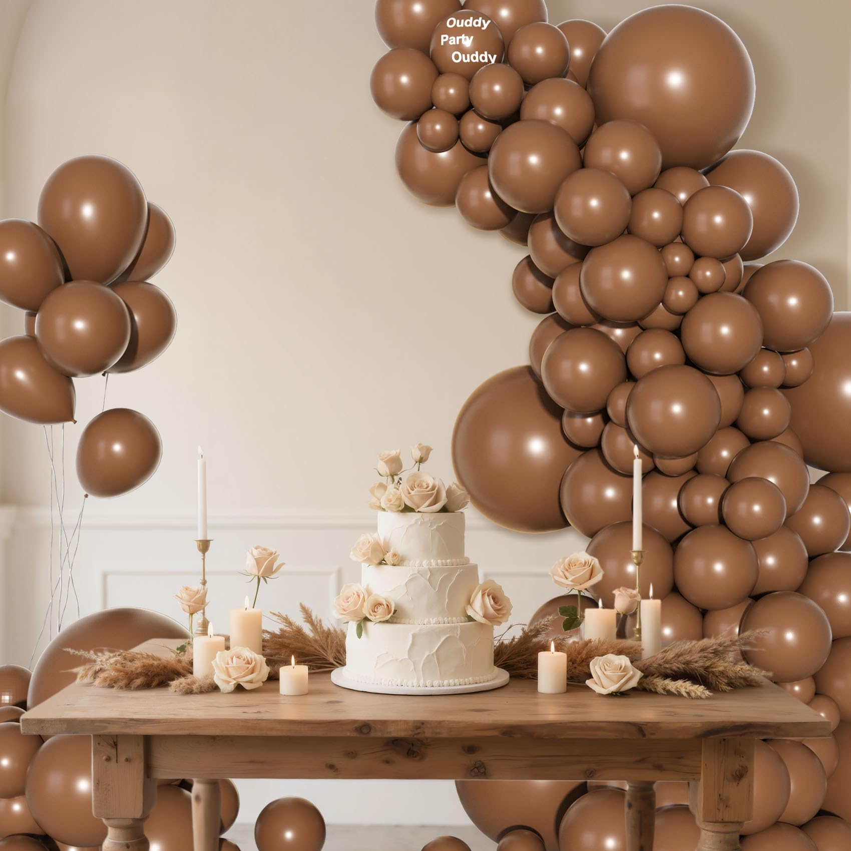 Ouddy Party 5in brown balloons create texture in centerpieces.