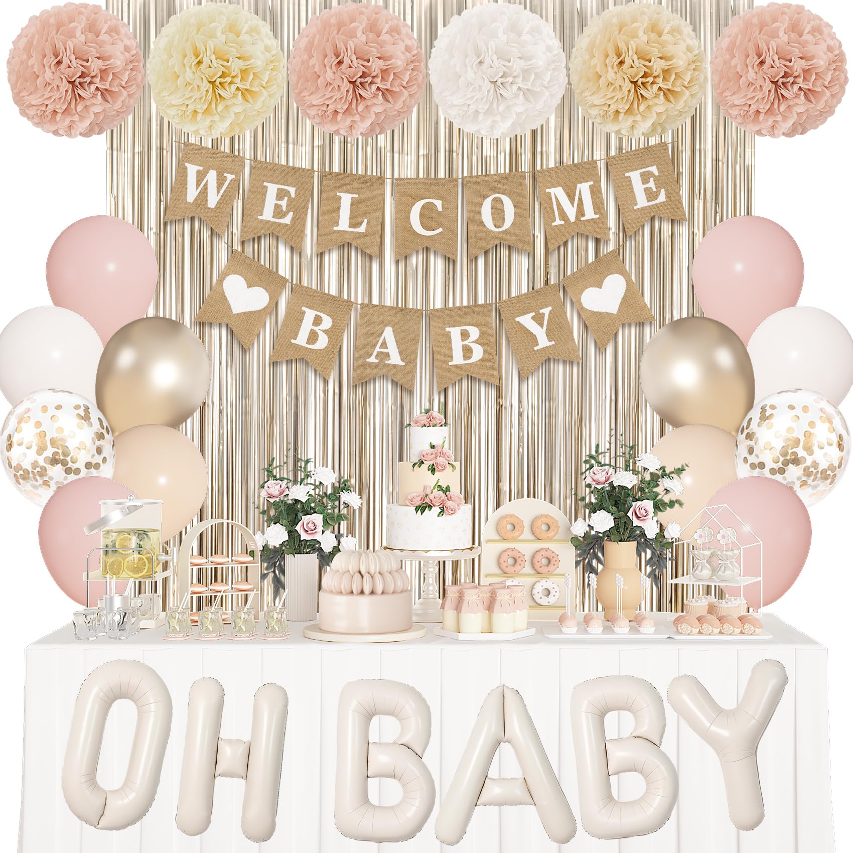 Ouddy Party champagne gold fringe curtain adds a luxe backdrop for baby showers.
