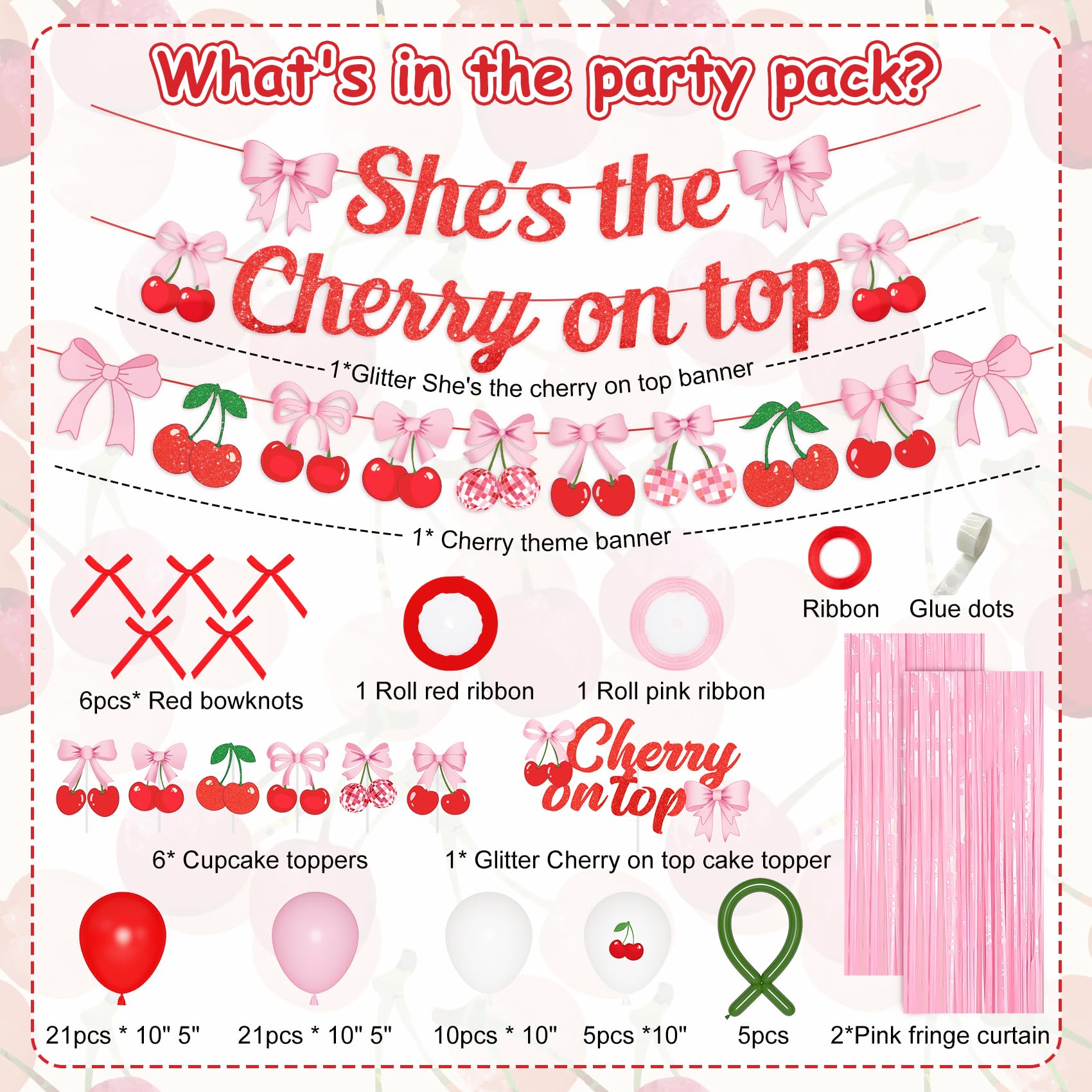 Ouddy Party cherry and bow banner enhances cherry-themed party focal point.