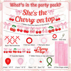 Ouddy Party cherry and bow banner enhances cherry-themed party focal point.