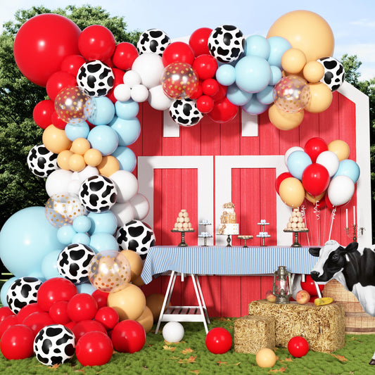 Ouddy Party cow-print arch balloons create a striking western backdrop for celebrations