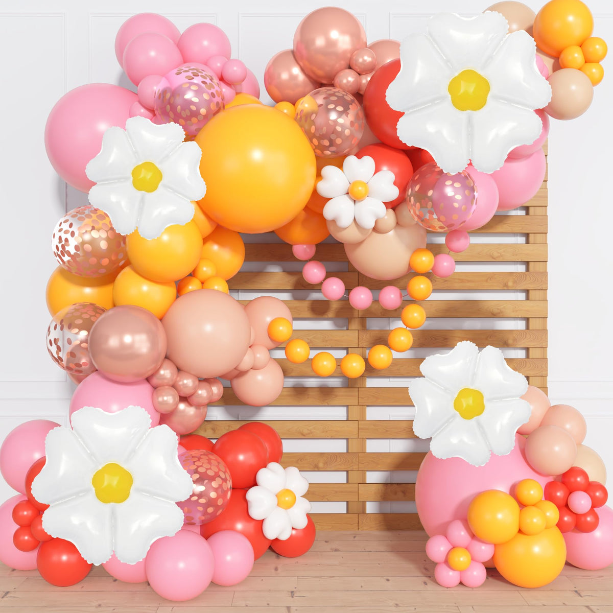 Ouddy Party daisy balloon arch assembly forms a whimsical backdrop for celebrations.