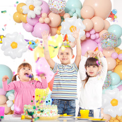 Ouddy Party daisy foil balloons elevate floral garlands with shimmer.