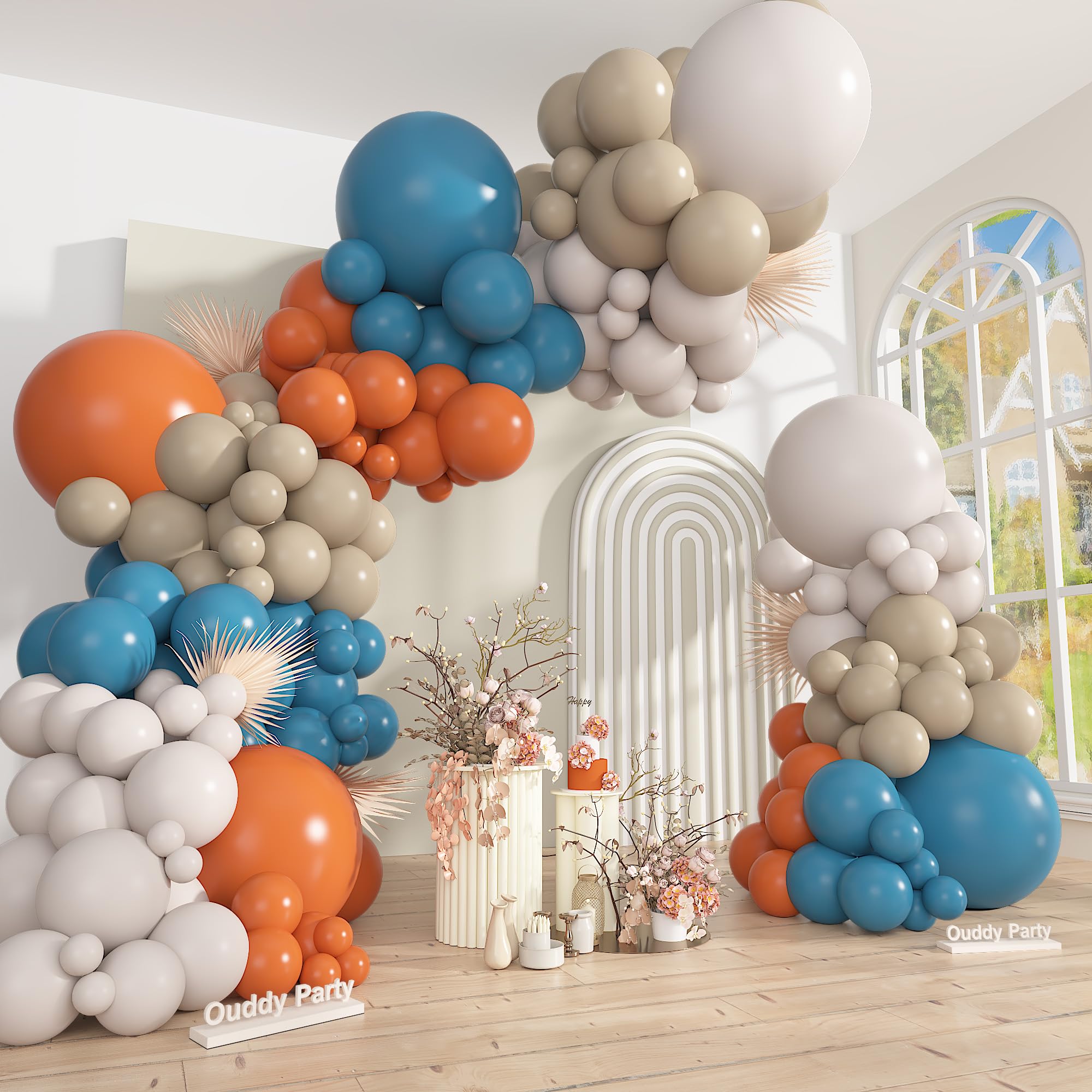 Ouddy Party dusty blue and burnt orange balloon arch kit ready for lasting events.