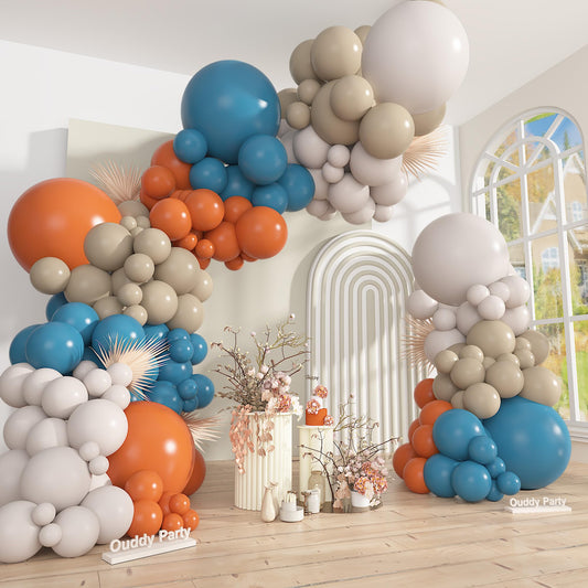 Ouddy Party dusty blue and burnt orange balloon arch kit ready for lasting events.