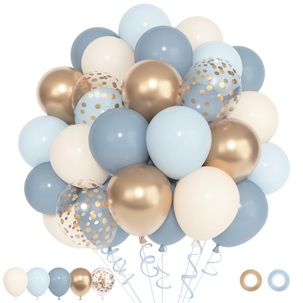Ouddy Party dusty blue and gold balloons for elegant birthday and wedding décor.