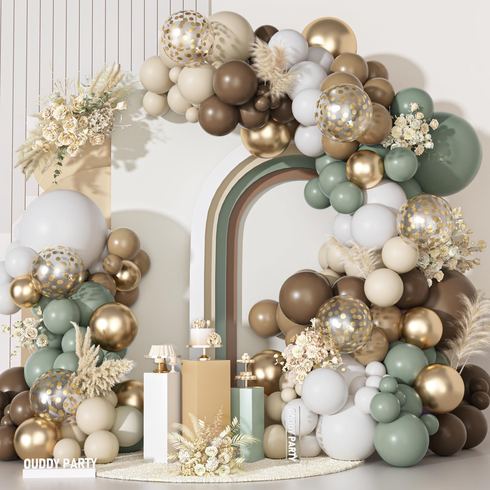 Ouddy Party dusty green nude arch balloons for a stylish neutral backdrop