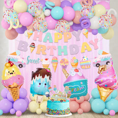 Ouddy Party happy birthday banner complements the ice cream theme