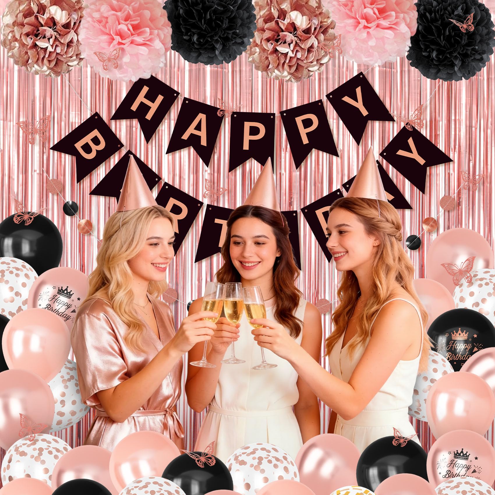 Ouddy Party happy birthday banner with bold black and rose gold print.