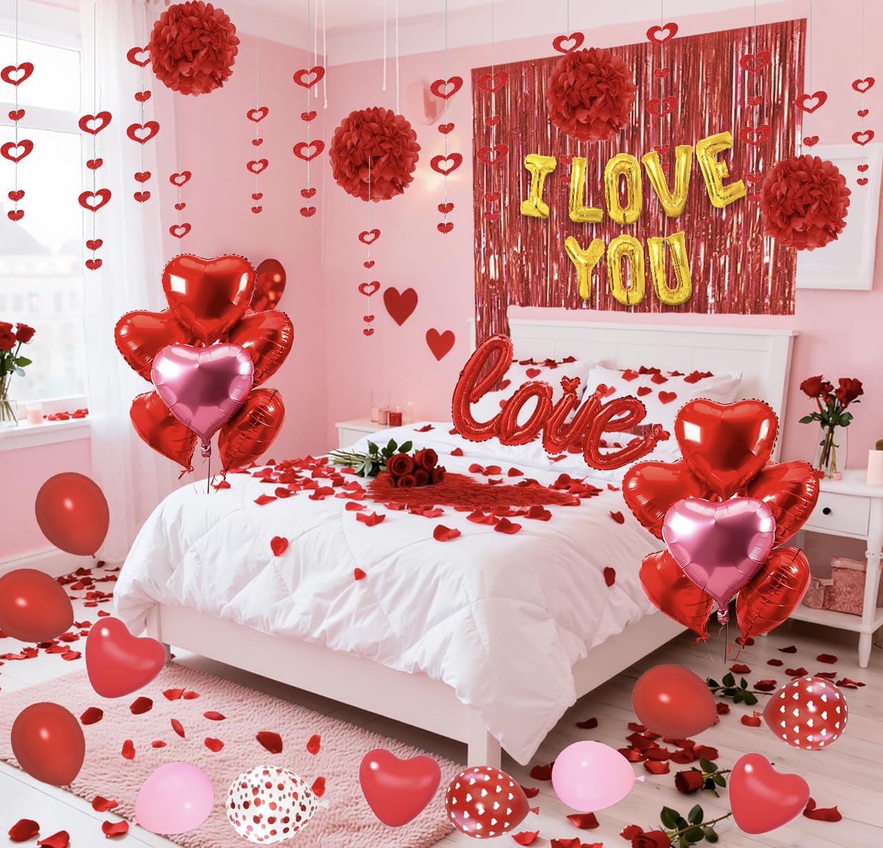 Ouddy Party I Love You banner used as romantic Valentine’s backdrop