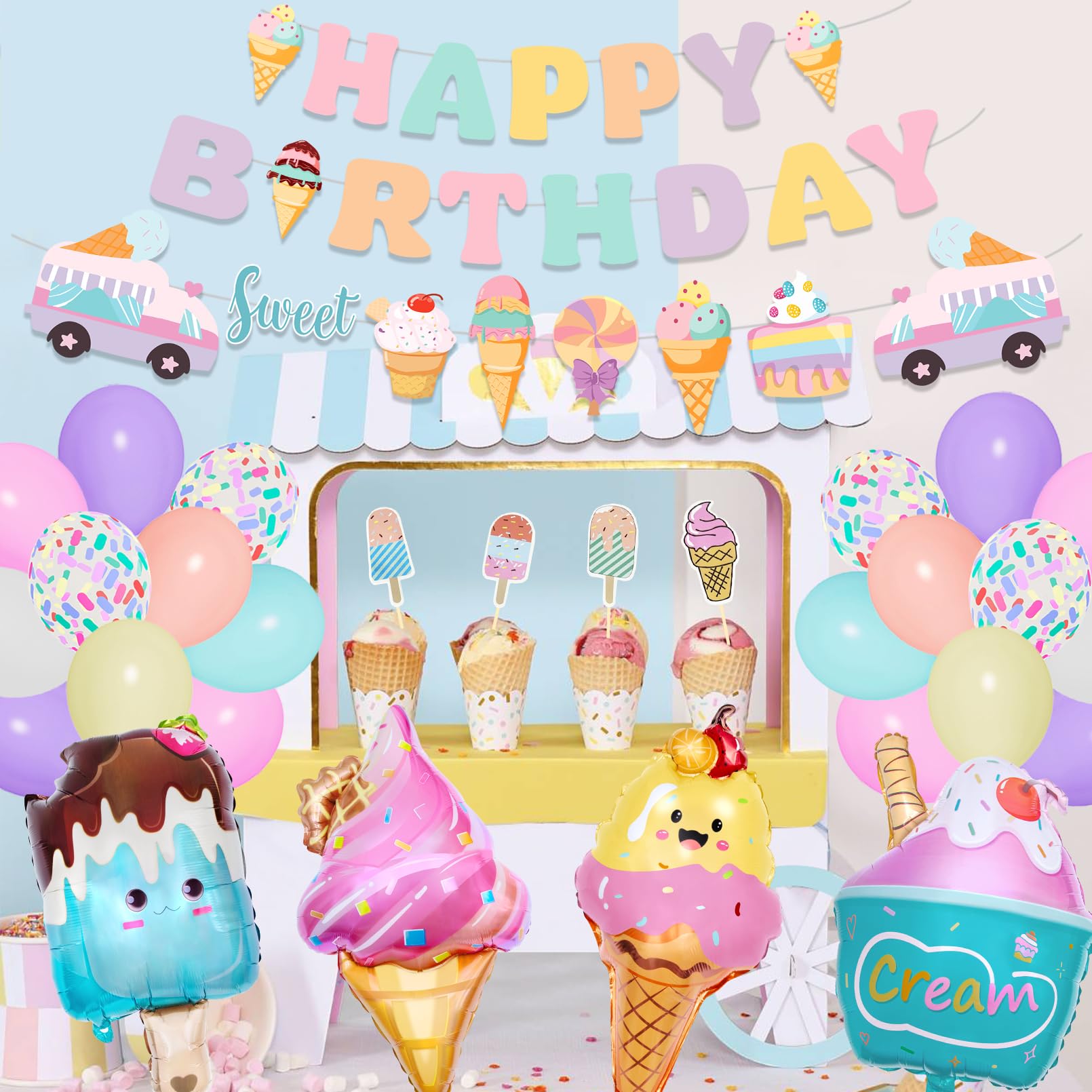 Ouddy Party ice cream theme banner ties the look together for photos