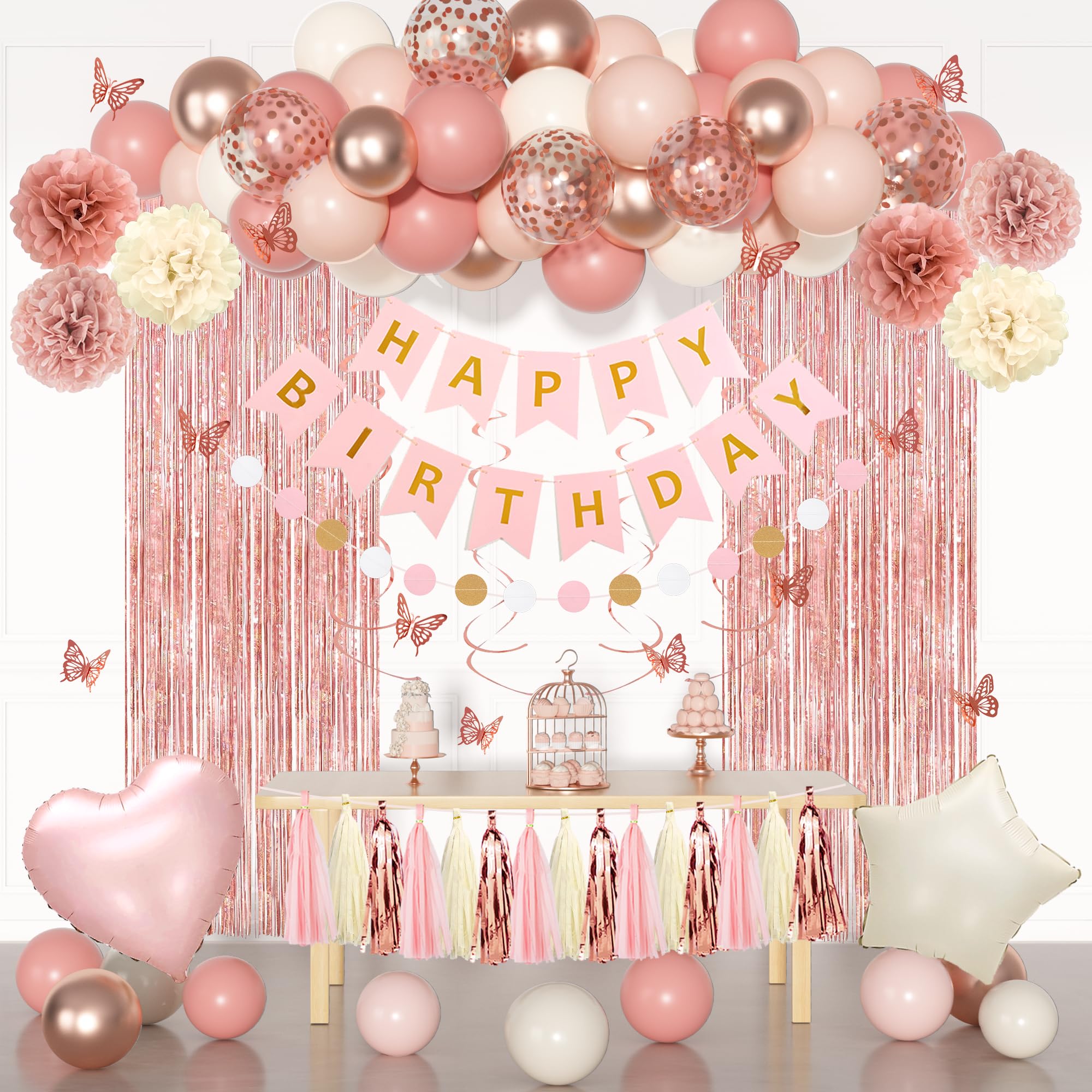 Ouddy Party pink birthday balloons and decorations for a festive backdrop