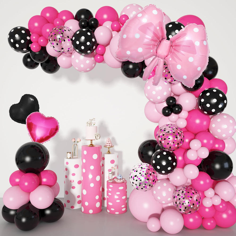 Ouddy Party pink mouse balloon arch kit displayed as a charming birthday backdrop.