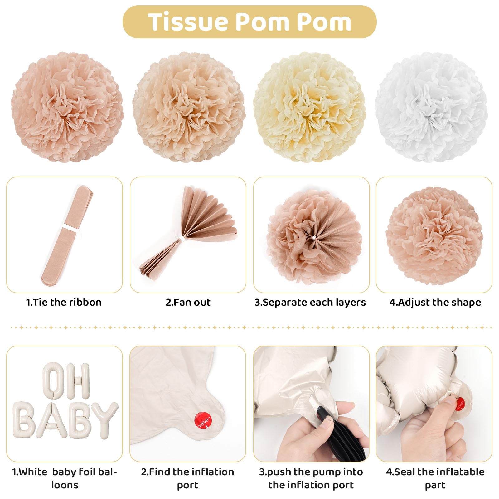Ouddy Party pink and white paper pom poms add cute boho texture.