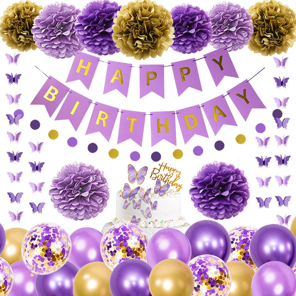 Ouddy Party purple birthday paper flowers add vibrant texture to ceilings or walls.