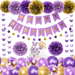 Ouddy Party purple birthday paper flowers add vibrant texture to ceilings or walls.