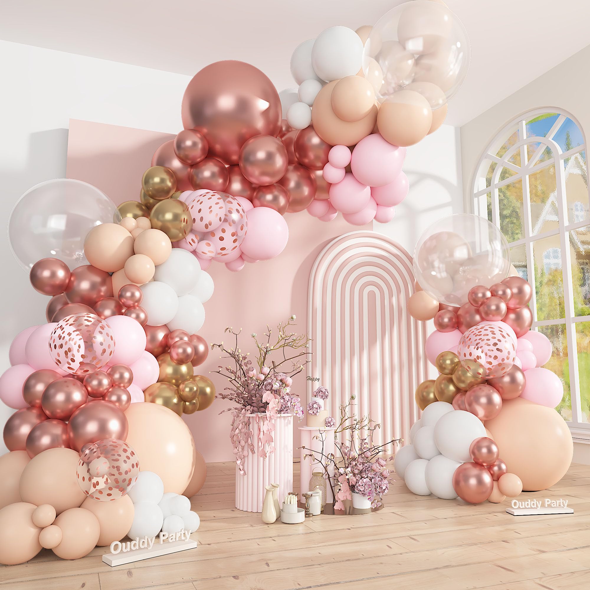 Ouddy Party rose gold balloon arch kit setup for elegant wedding decor