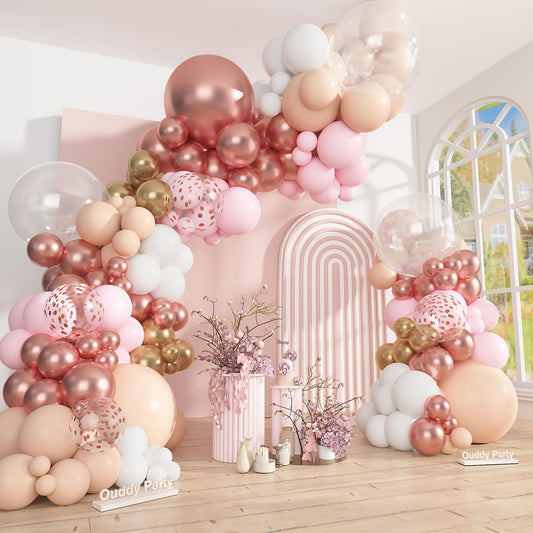 Ouddy Party rose gold balloon arch kit setup for elegant wedding decor