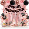 Ouddy Party rose gold and black balloons set with confetti accents for a chic party vibe.