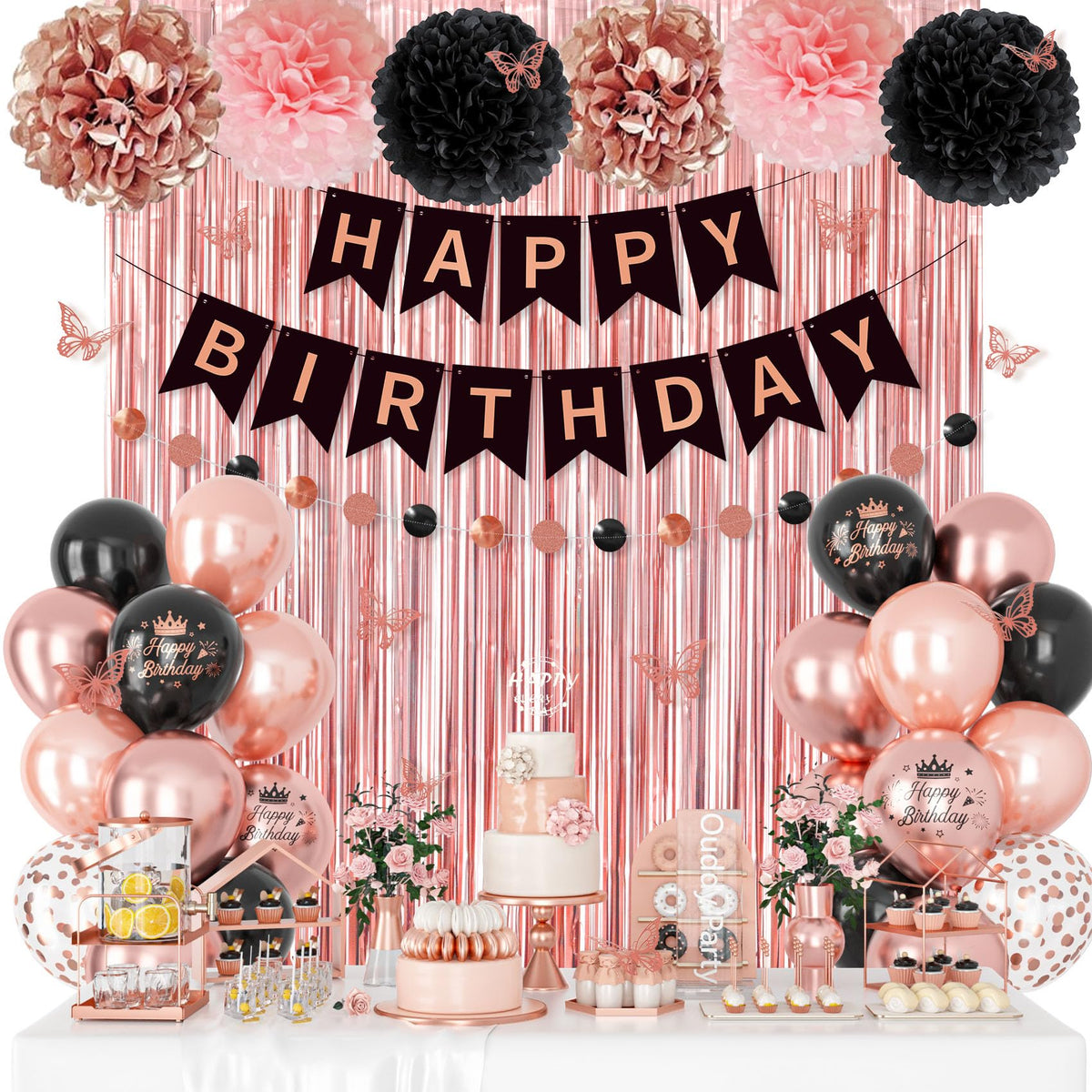 Ouddy Party rose gold and black balloons set with confetti accents for a chic party vibe.