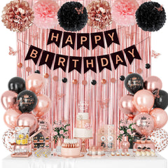 Ouddy Party rose gold and black balloons set with confetti accents for a chic party vibe.
