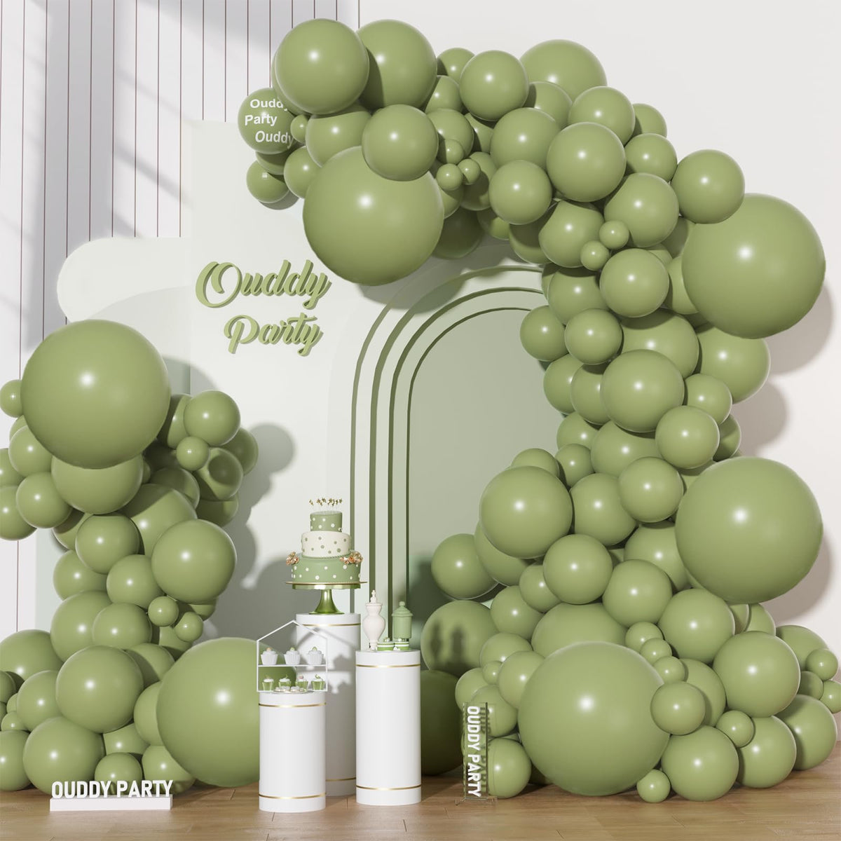 Ouddy Party sage green 18in balloons forming an arch kit for stylish celebrations