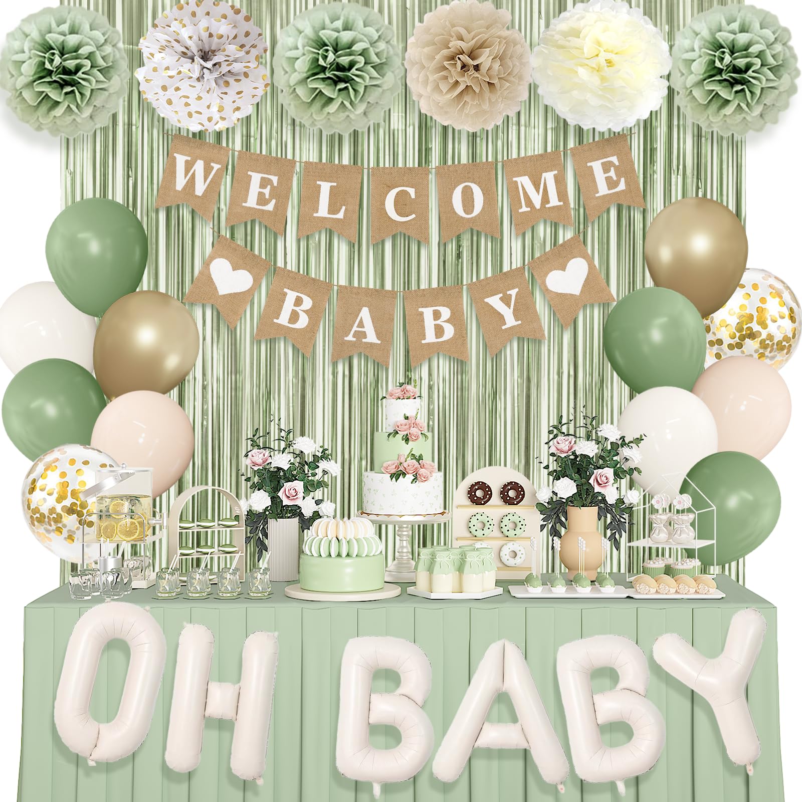Ouddy Party sage-green balloons create a chic baby shower backdrop.