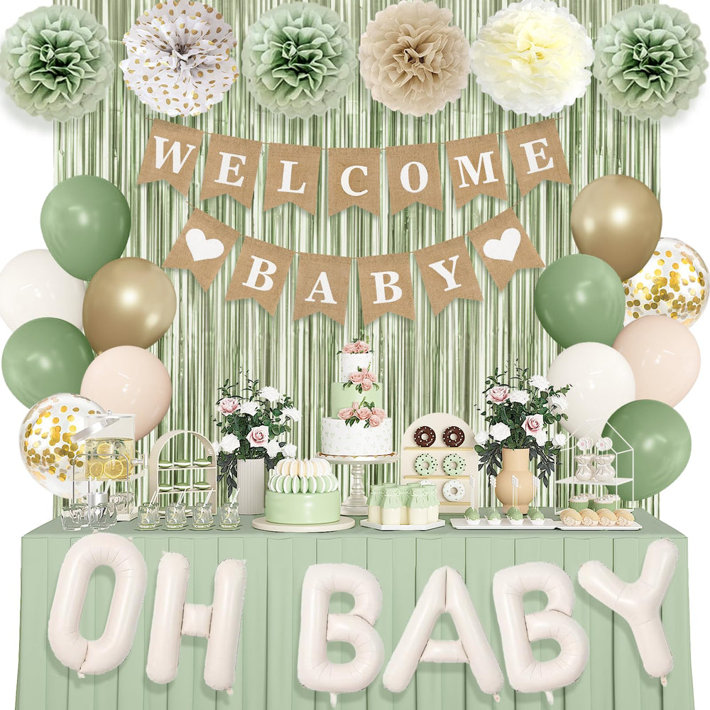 Ouddy Party sage-green balloons create a chic baby shower backdrop.