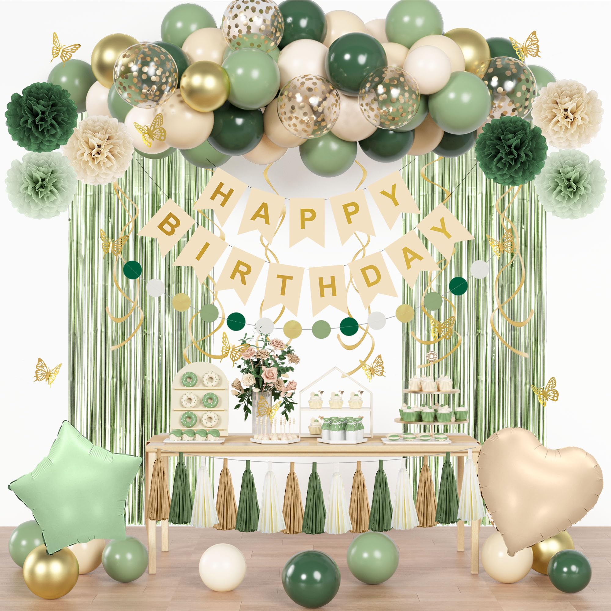 Ouddy Party sage green foil balloons for elegant birthday decor.