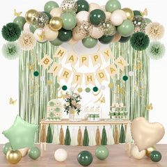 Ouddy Party sage green foil balloons for elegant birthday decor.