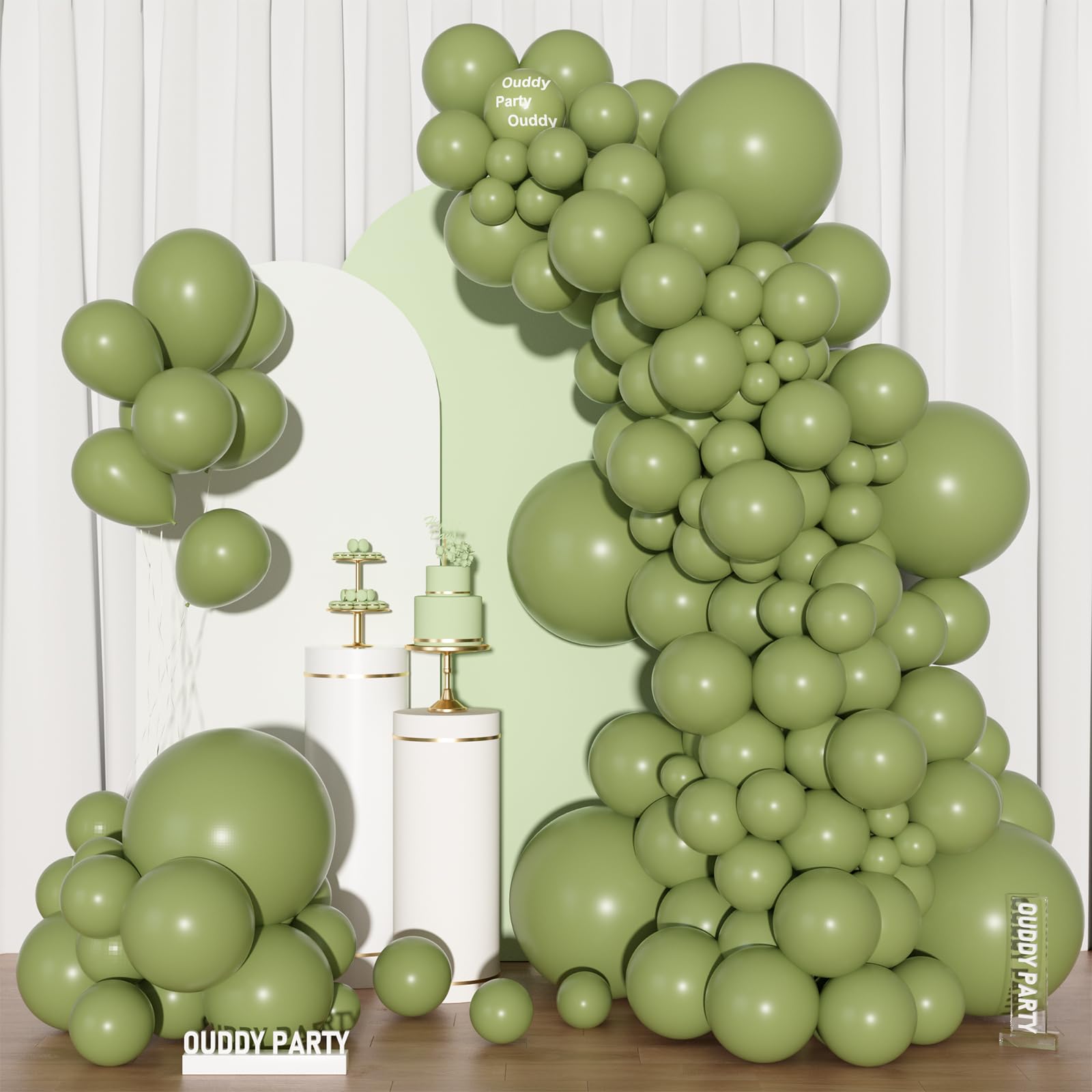 Ouddy Party sage green wedding setup with balloons creating elegant ambiance