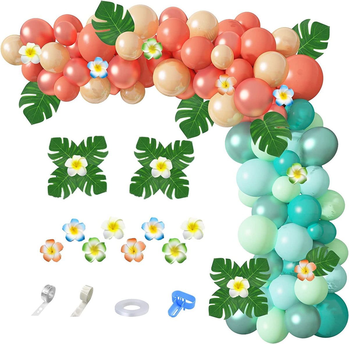 Ouddy Party tropical balloon garland arch setup for vibrant luau party decor