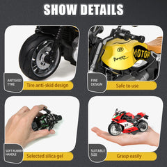 OUFOTAT dark blue pull-back motorcycle showing 90-degree steering for sharp turns