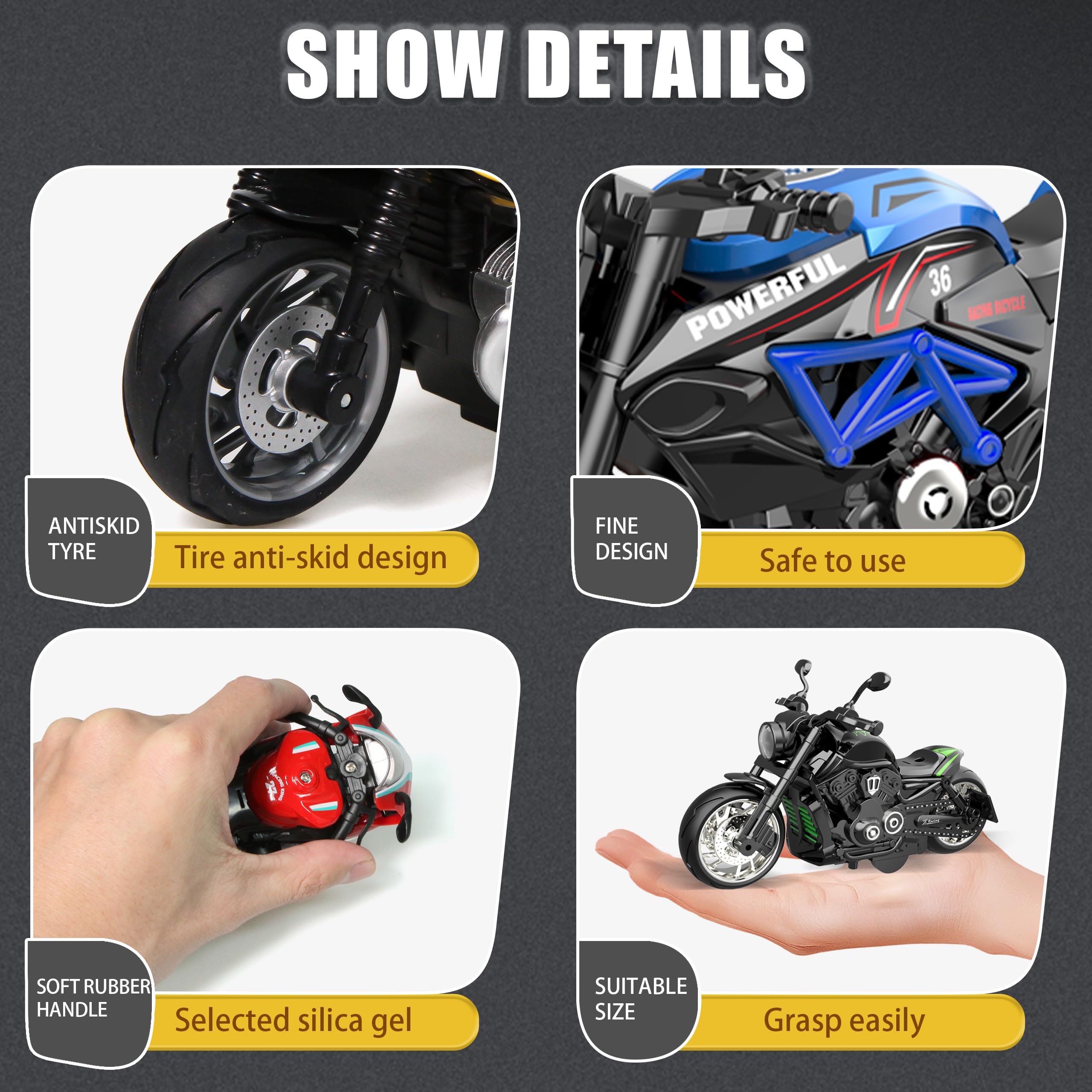 OUFOTAT pull back motorcycle die cast frame close up shows craftsmanship