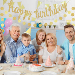 OuMuaMua gold circle dots garland enhances ambiance and creates a festive backdrop.